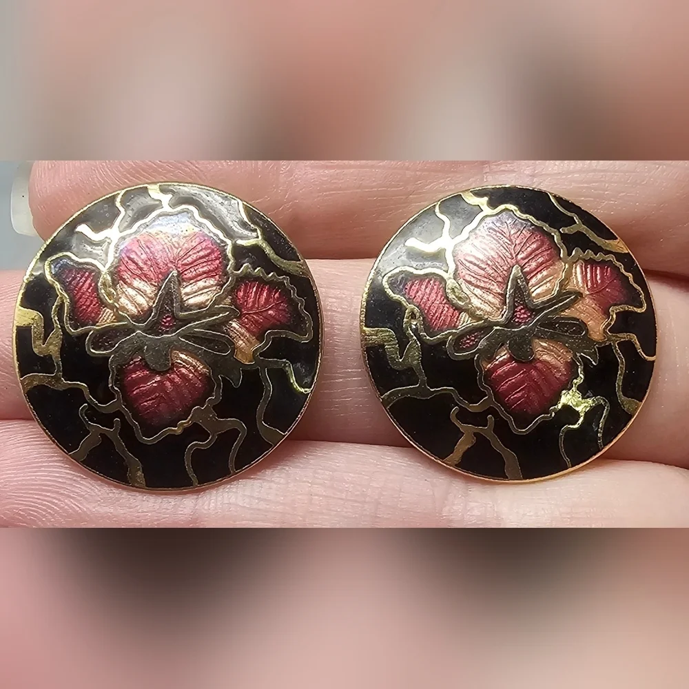 Vintage Black Gold Pink Flower Enamel Cloisonne Clip-On Round Stud Earrings - Picture 2 of 9